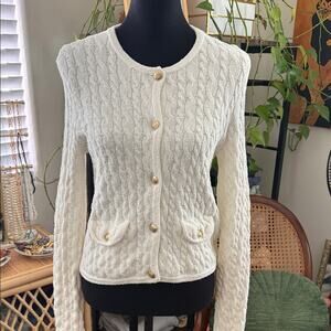 J. Crew Odette Ivory Cable Knit Button Up Cotton Boucle Lady Sweater Jacket